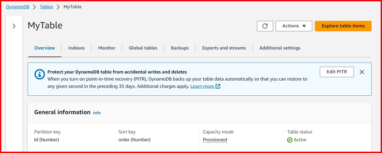 Picture showing the Explore table items button in the table detail screen